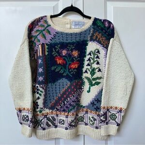 Signatures by Northern Isles Colorful Patchwork Cotton Floral Knit Sweater